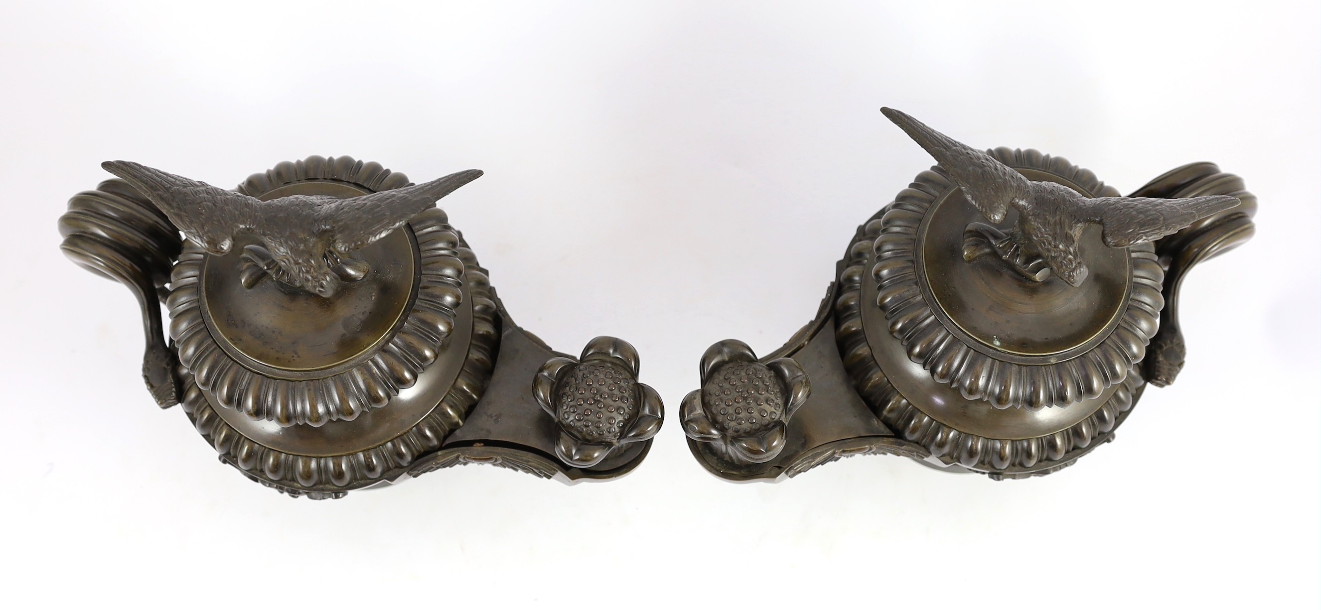 James De Ville, 367 Strand, London. A pair of Regency bronze oil lamps to a design by Thomas Hope, length 31cm depth 16cm height 25cm